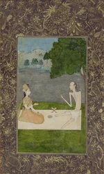 Laila och Majnun samtalar under ett träd, ca 1730 (ogenomskinlig wc och guld på papper)